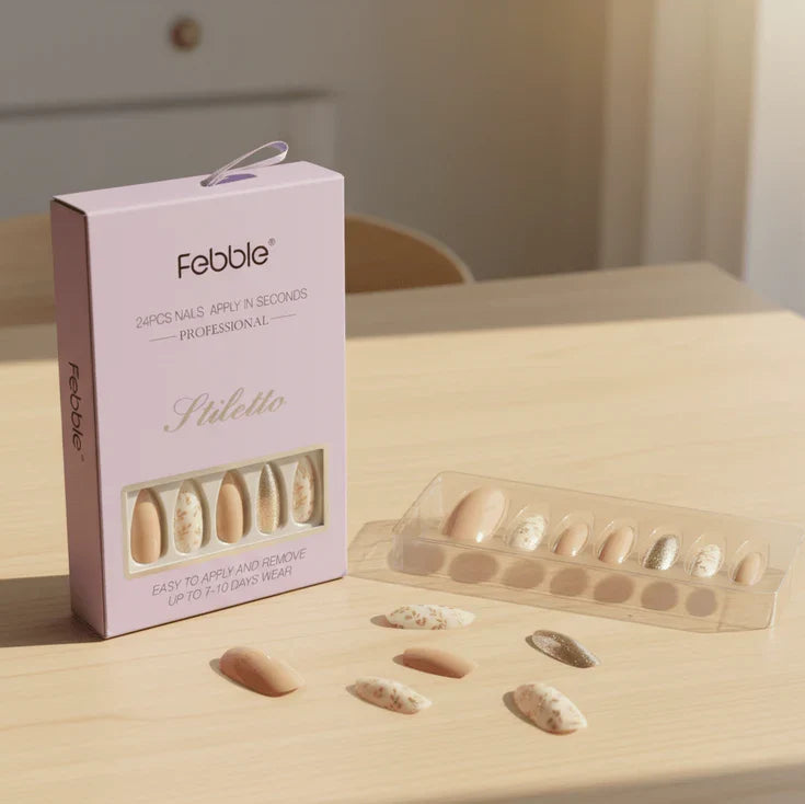Febble - Nude Floral Gold Mix Press-On Nails