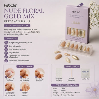 Febble - Nude Floral Gold Mix Press-On Nails